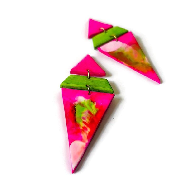 Extra Large Triangle Earrings in Hot Pink, Neon Green & White