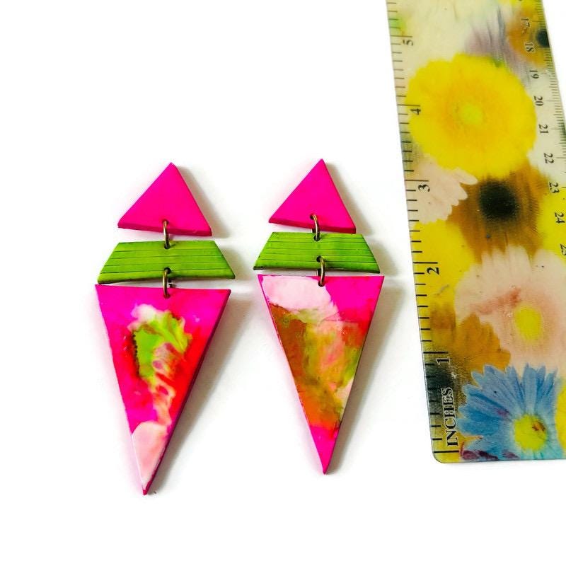 Extra Large Triangle Earrings in Hot Pink, Neon Green & White