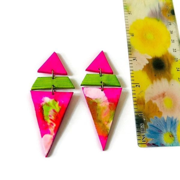Extra Large Triangle Earrings in Hot Pink, Neon Green & White