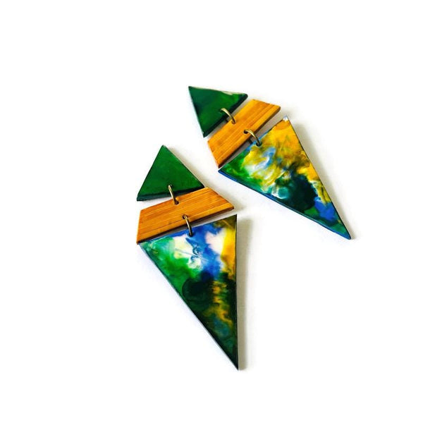 Oversized Triangle Earrings in Green Yellow & White