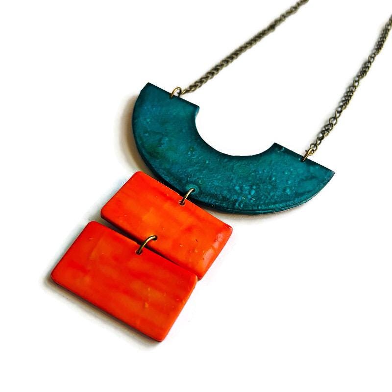 Teal & Orange Geometric Statement Jewelry Set with Earrings Post or Clip On – Handmade
