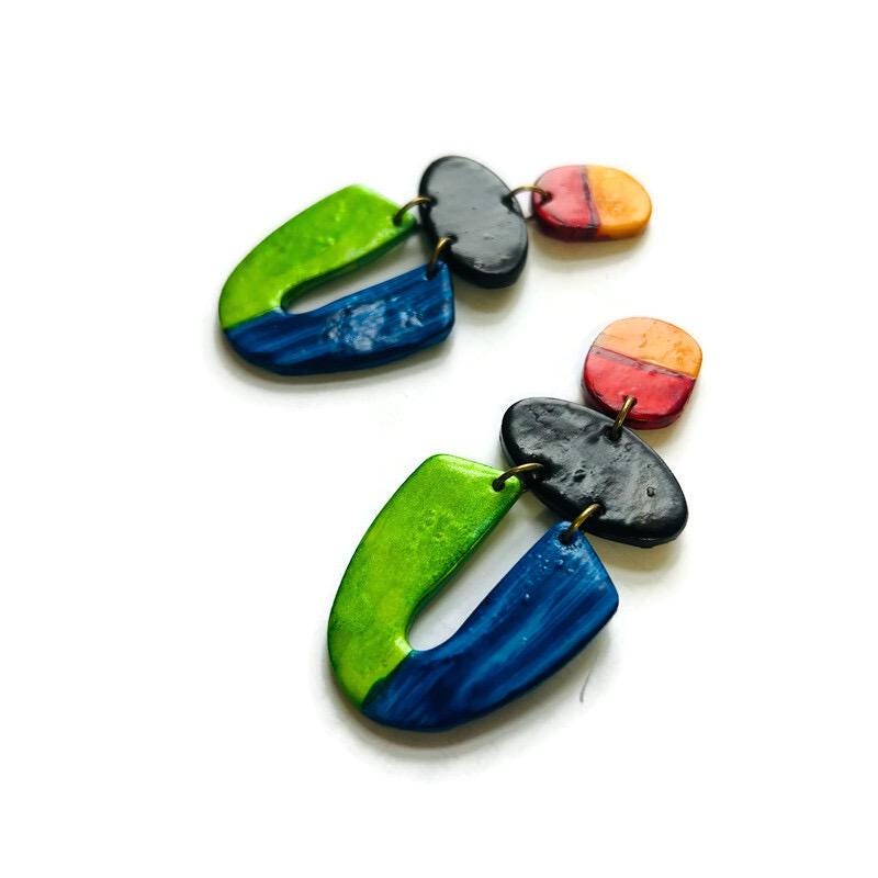 Colorful Statement Earrings in Green Blue Yellow Red Black