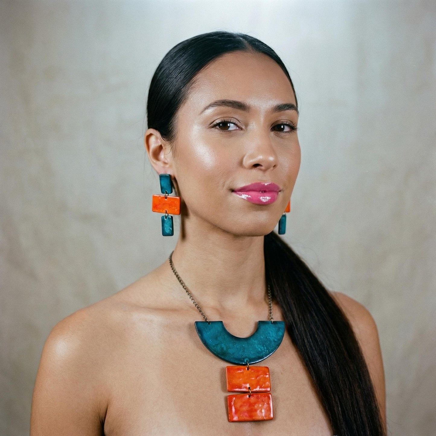 Teal & Orange Statement Necklace, Post or Clip On Set – Handmade