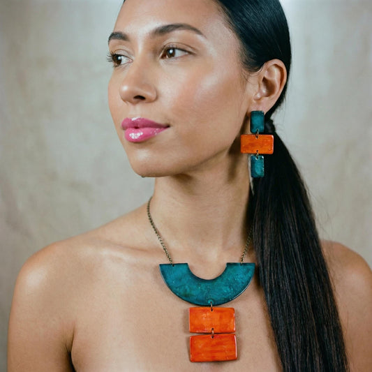 Teal & Orange Statement Necklace, Post or Clip On Set – Handmade