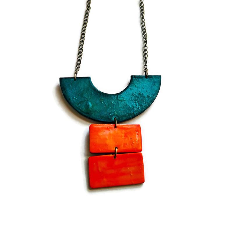 Teal & Orange Statement Necklace, Post or Clip On Set – Handmade