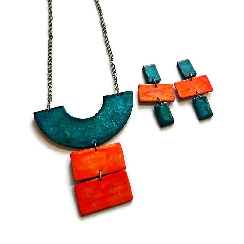 Teal & Orange Geometric Statement Jewelry Set with Earrings Post or Clip On – Handmade