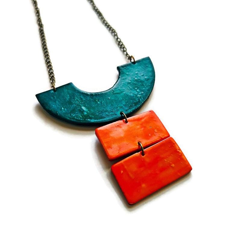 Teal & Orange Geometric Statement Jewelry Set with Earrings Post or Clip On – Handmade