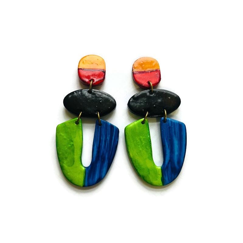 Colorful Statement Earrings in Green Blue Yellow Red Black