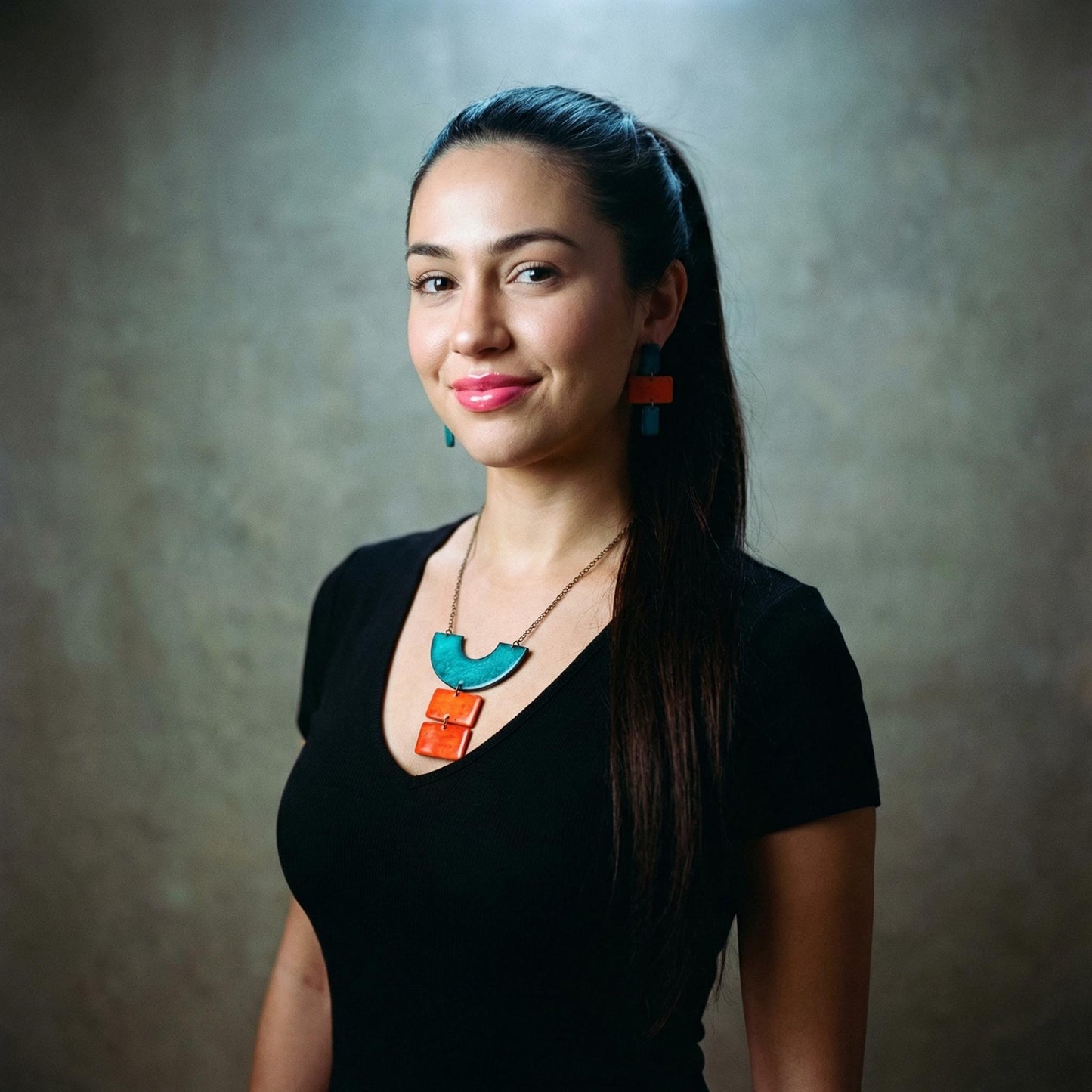 Teal & Orange Geometric Statement Jewelry Set with Earrings Post or Clip On – Handmade