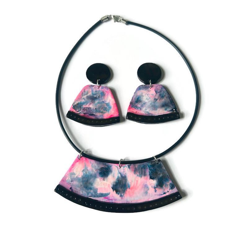 Pink and Black Handmade Statement Necklace Handmade