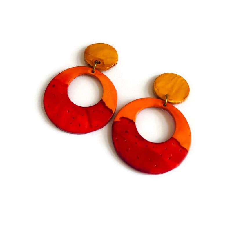 Handmade Polymer Clay Ombre Hoop Earrings – Yellow Orange Red Statement Dangles | Sassy Sacha Jewelry