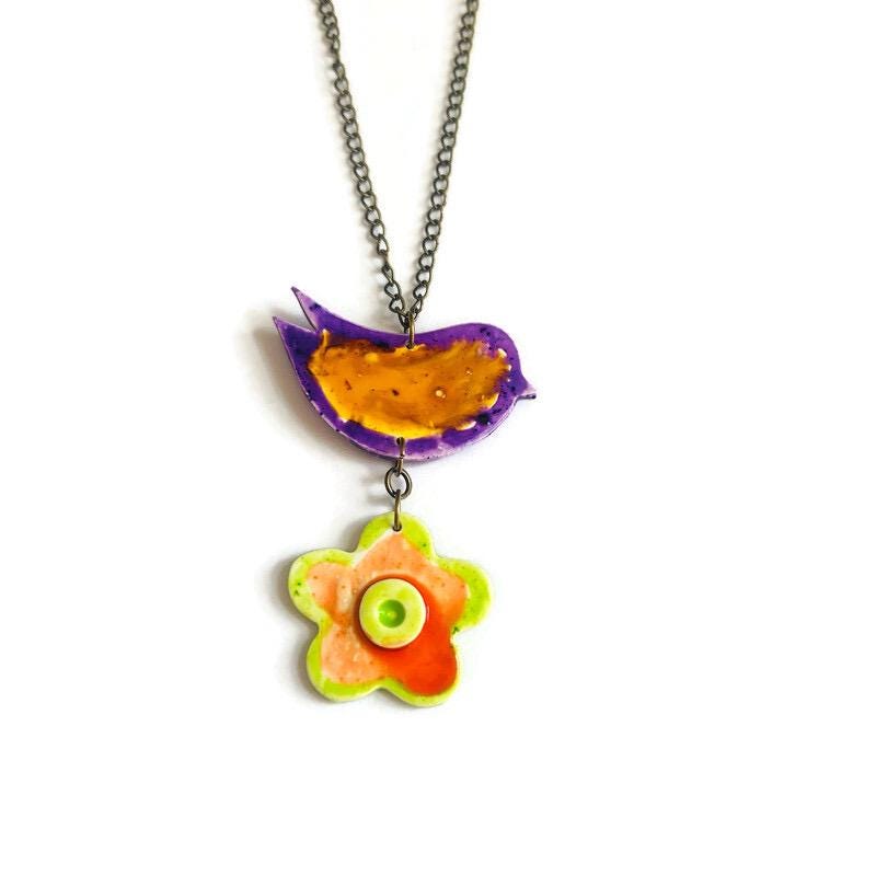 Abstract Bird & Flower Pendant Necklace – Handmade Polymer Clay Bohemian Jewelry