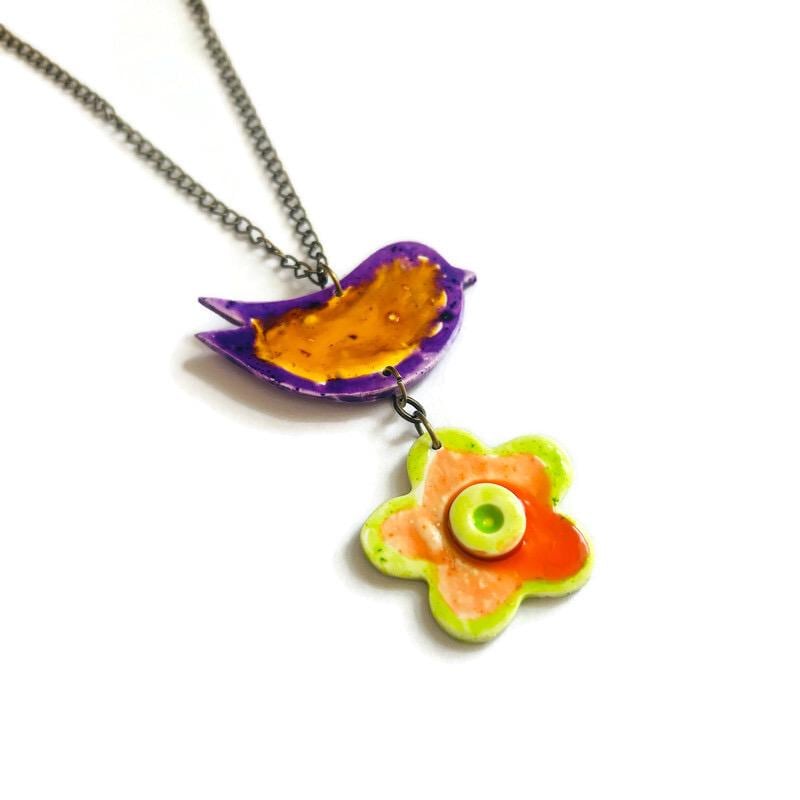 Abstract Bird & Flower Pendant Necklace – Handmade Polymer Clay Bohemian Jewelry
