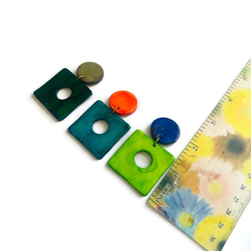 Square Statement Earrings Post or Clip On, Handmade Dangles "Jess"