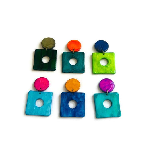 Square Statement Earrings Post or Clip On, Handmade Dangles "Jess"