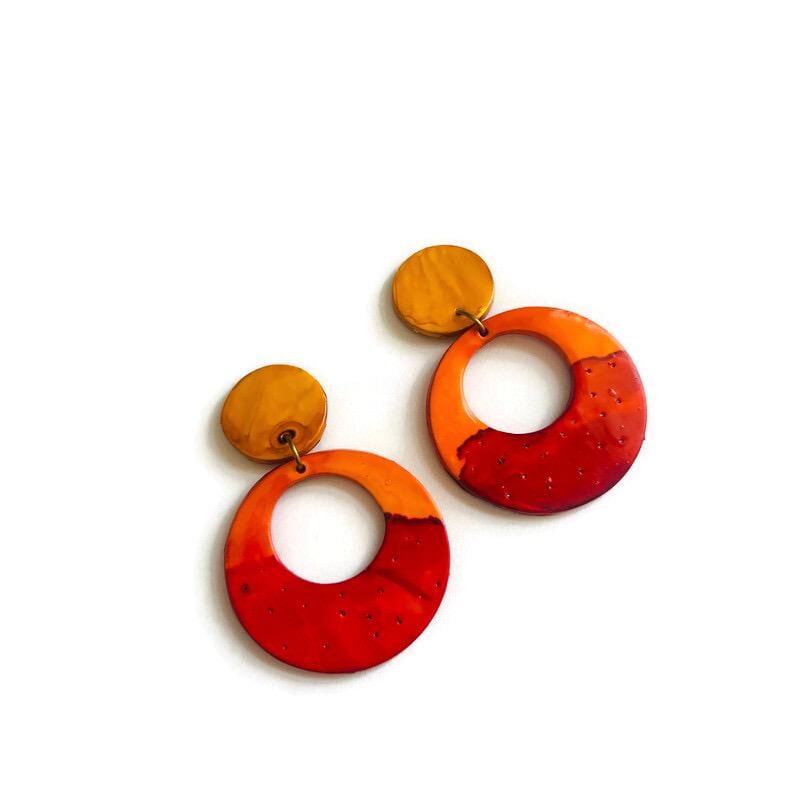 Handmade Polymer Clay Ombre Hoop Earrings – Yellow Orange Red Statement Dangles | Sassy Sacha Jewelry
