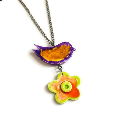 Abstract Bird & Flower Pendant Necklace – Handmade Polymer Clay Bohemian Jewelry
