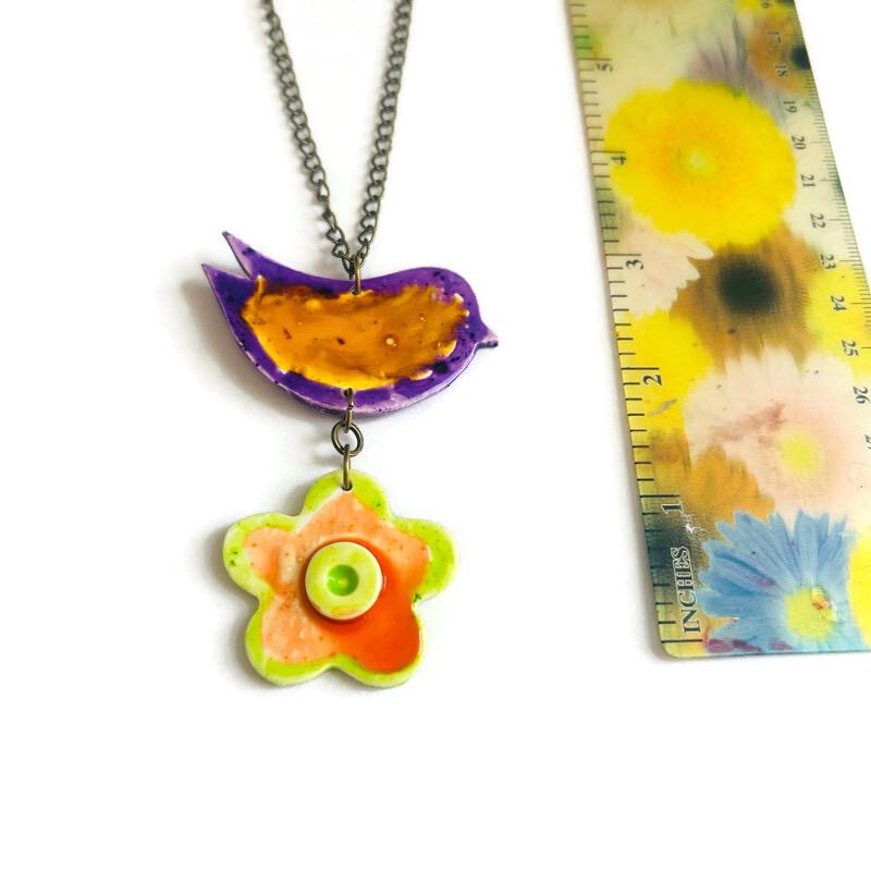 Abstract Bird & Flower Pendant Necklace – Handmade Polymer Clay Bohemian Jewelry