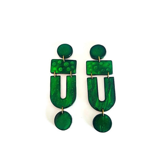 Forest green geometric drop earrings with round tops, U-shaped center, and hanging disc