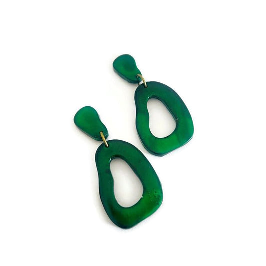 Dark green polymer clay teardrop drop earrings with gold posts and oval cutouts