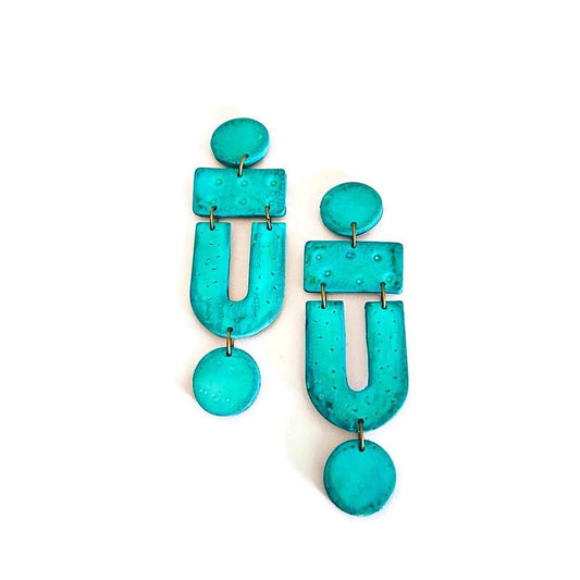 Large Turquoise Statement Earrings, Long Geometric Drop, Post or Clip On "April"