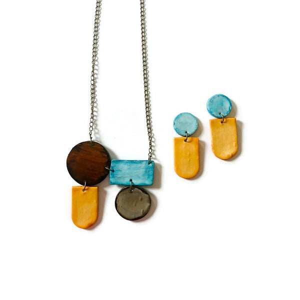 Unique Geometric Statement Necklace in Baby Blue, Peach, Brown & Grey