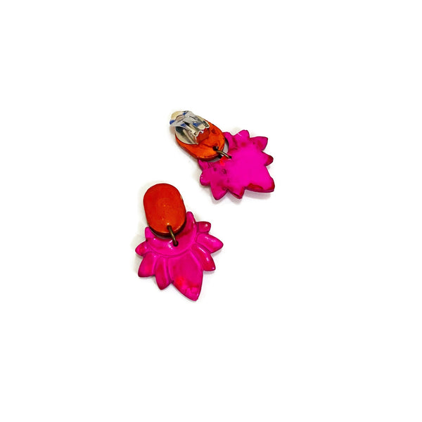 Hot Pink Floral Clip On Earrings
