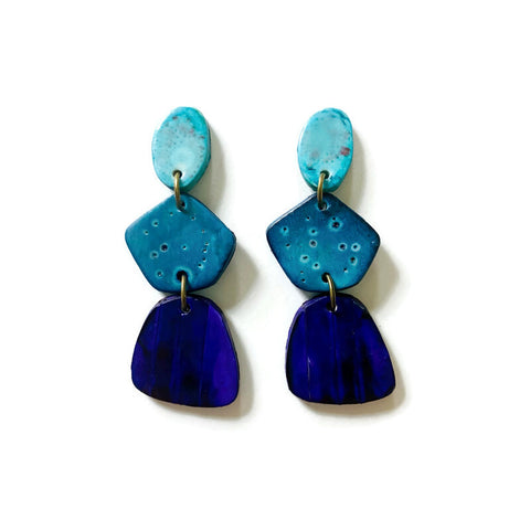 Tri Tone Blue Statement Earrings Handmade, Post or Clip Ons