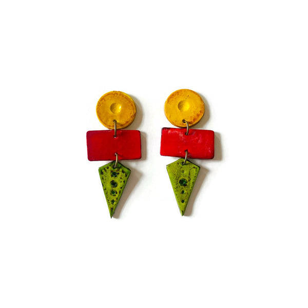 Earth Tone Statement Earrings in Yellow Red Green, Post or Clip On Earrings