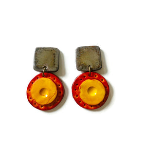 Modern Statement Earrings in Burnt Orange, Yellow & Grey- Post or Clip On Earrings