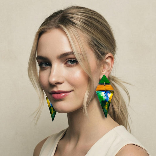 Oversized Triangle Earrings in Green Yellow & White