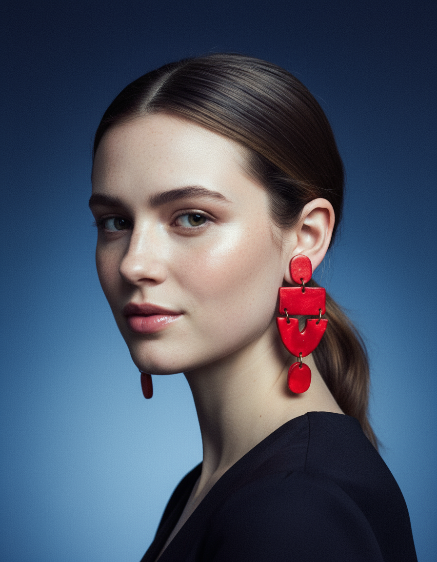 Woman wearing red earrings against a blue background