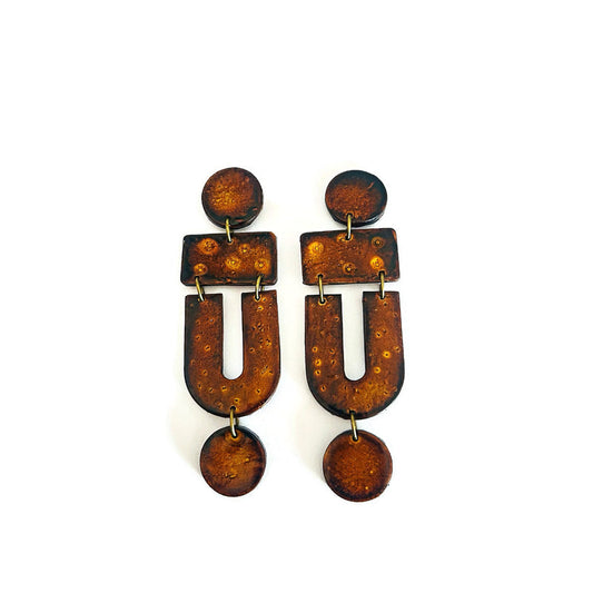 Chocolate Brown Statement Earrings, Long Geometric Drop, Post or Clip On "April"