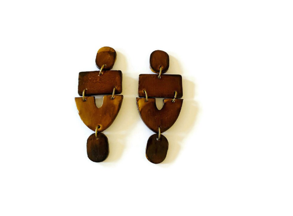 large brown earrings handmade from clay