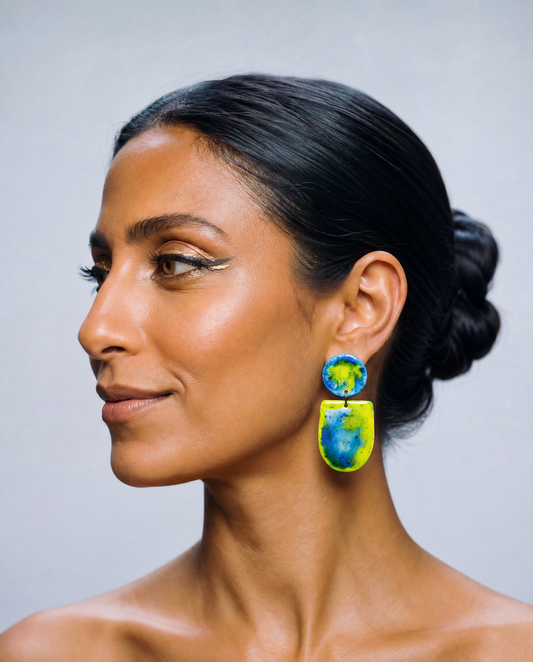 Blue and lime green abstract drop earrings with circular tops and teardrops