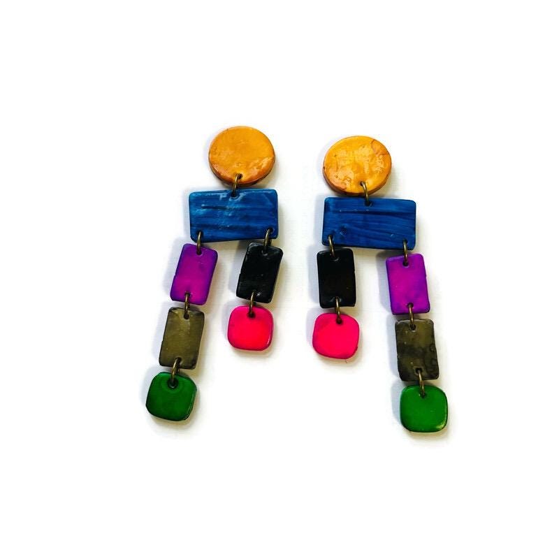 Long Colorful Geometric Statement Earrings Handmade Post or Clip Ons