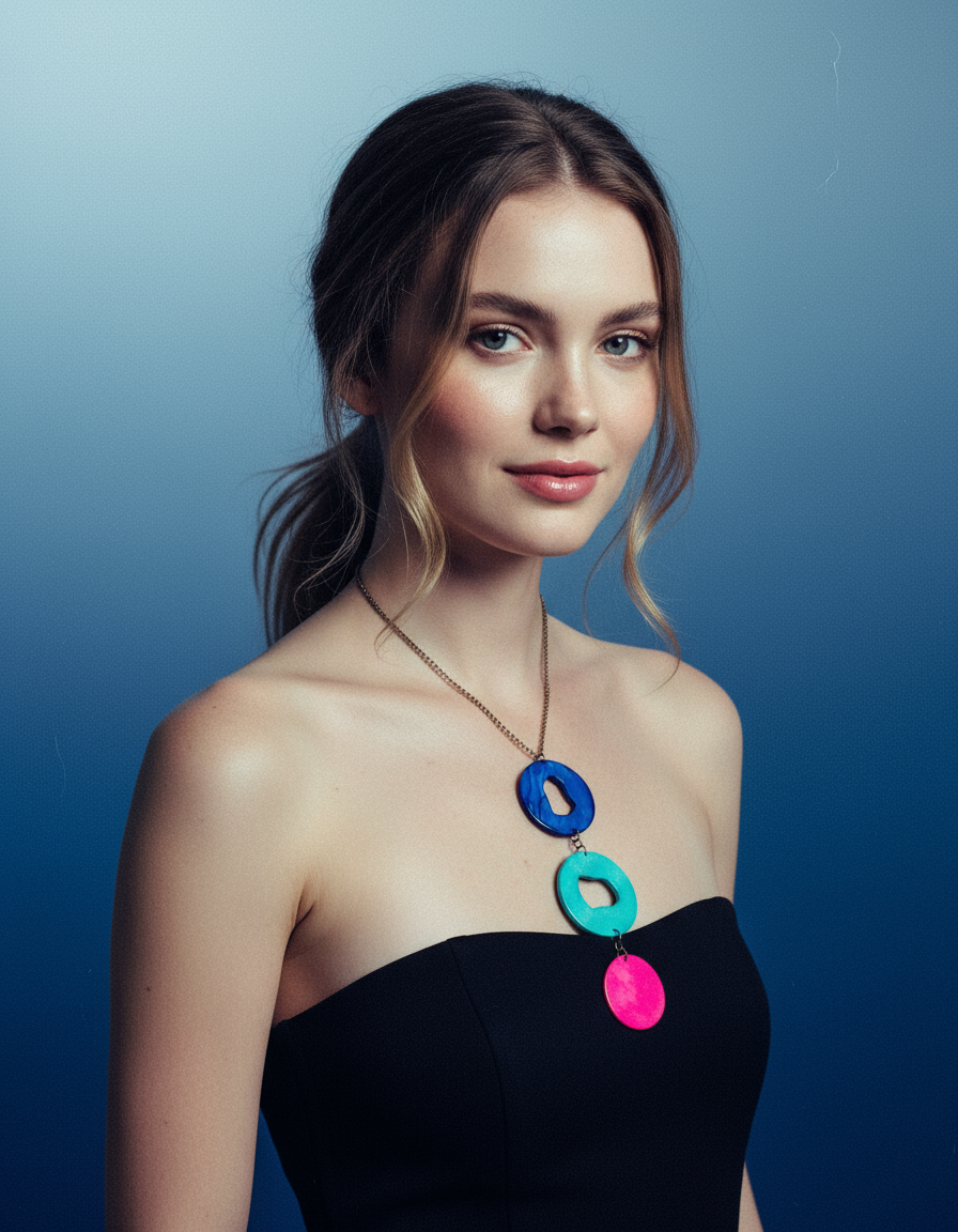 Woman wearing a black strapless top and colorful necklace against a blue background