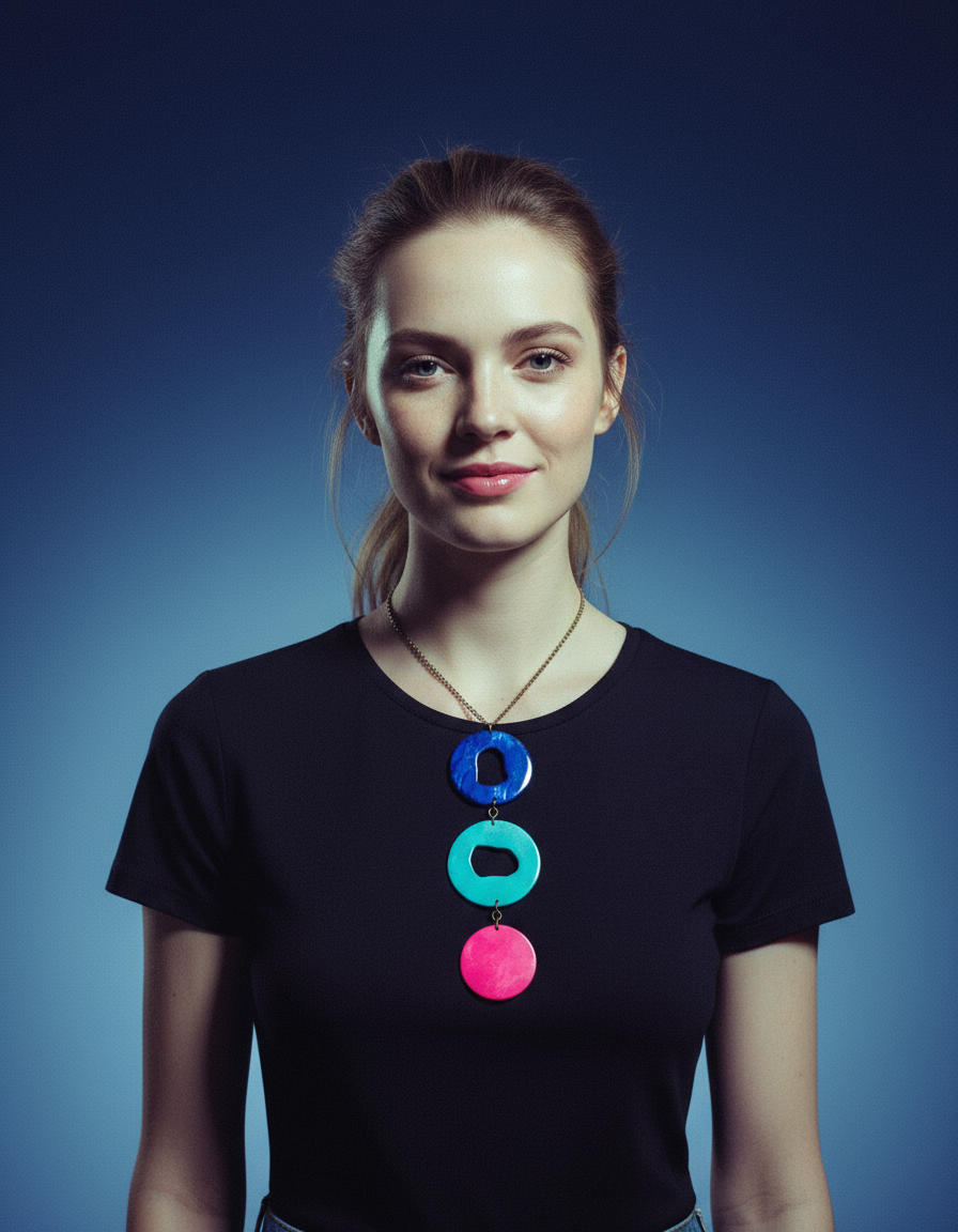 Woman wearing a black t-shirt with colorful circular designs on a blue background
