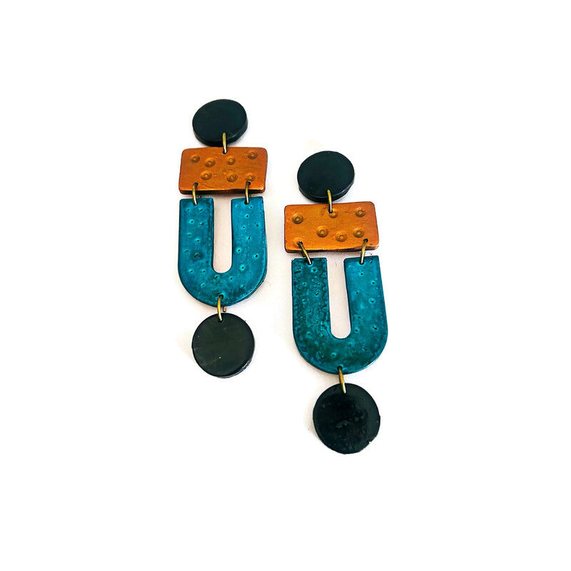 Red & Green Christmas Statement Earrings with Gold Accents, Post or Clip On "April"