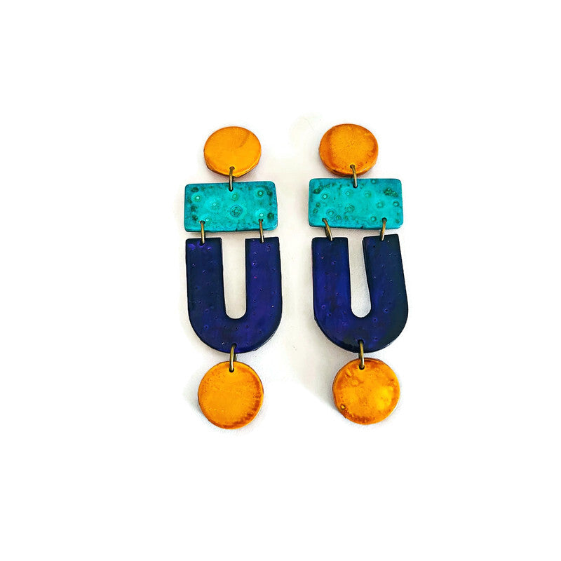 Red & Green Christmas Statement Earrings with Gold Accents, Post or Clip On "April"