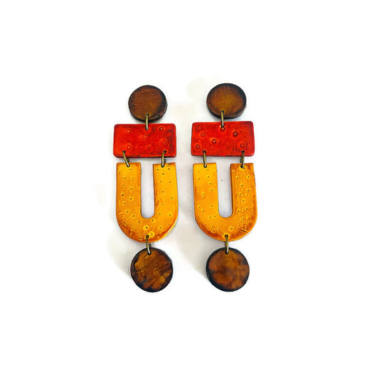 Brown, Red & Mustard Fall Statement Earrings, Long Geometric Drop, Post or Clip On "April"
