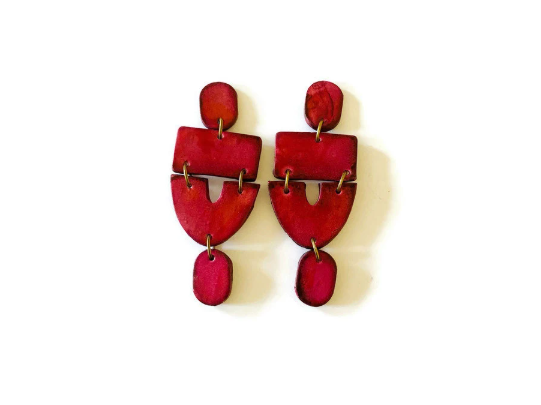 Extra Large Red Clip On Earrings Handmade "Lee"