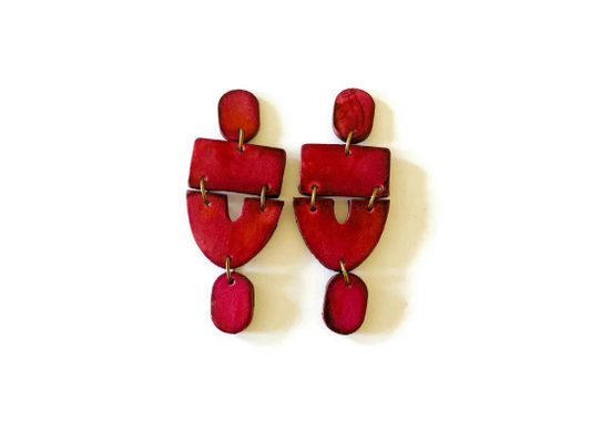 Large Burgundy Statement Earrings Handmade, Post or Clip On Earring - "Lee"