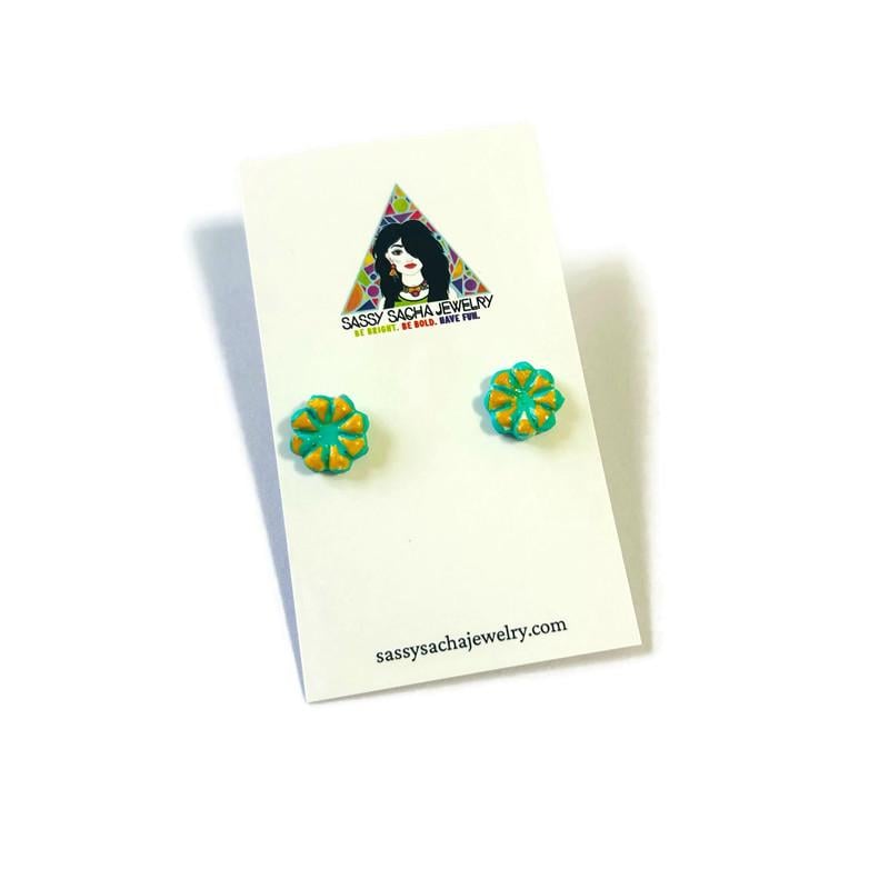 Teal and yellow floral flower stud earrings, small handmade pair