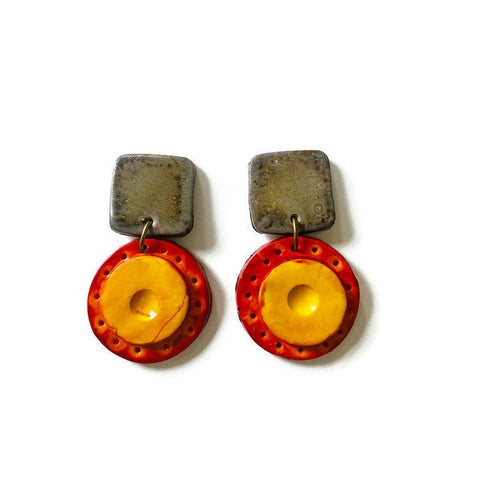 Modern Statement Earrings in Burnt Orange, Yellow & Grey- Post or Clip On Earrings - Sassy Sacha Jewelry