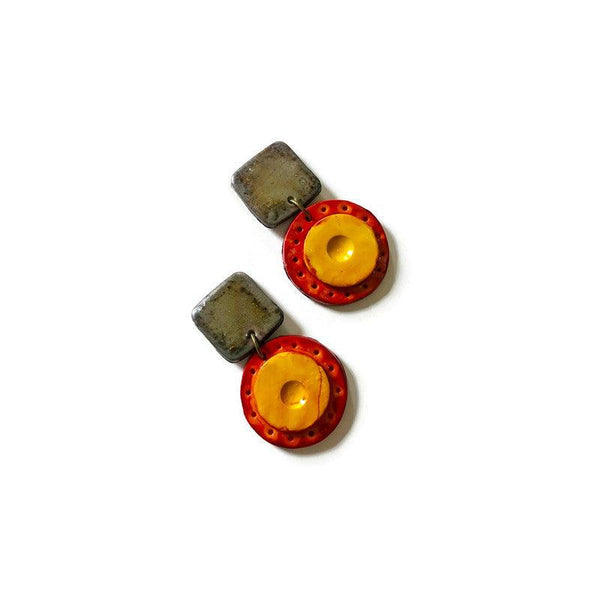 Modern Statement Earrings in Burnt Orange, Yellow & Grey- Post or Clip On Earrings - Sassy Sacha Jewelry