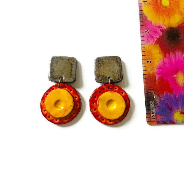 Modern Statement Earrings in Burnt Orange, Yellow & Grey- Post or Clip On Earrings - Sassy Sacha Jewelry