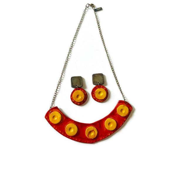 Modern Statement Earrings in Burnt Orange, Yellow & Grey- Post or Clip On Earrings - Sassy Sacha Jewelry