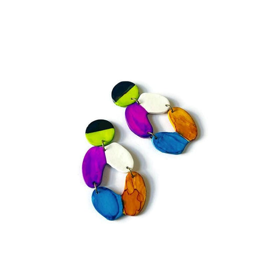 Color Block Clip On Earrings for Non Pierced Ears | Polymer Clay Drops