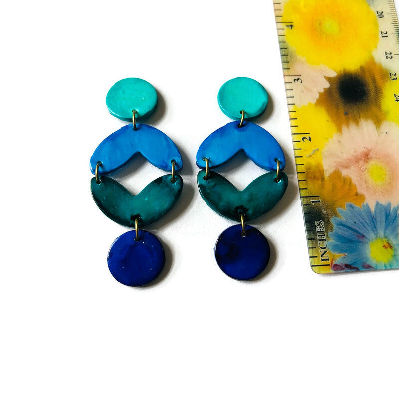 Handmade Geometric Statement Earrings Post or Clip On – Extra Long Dangles